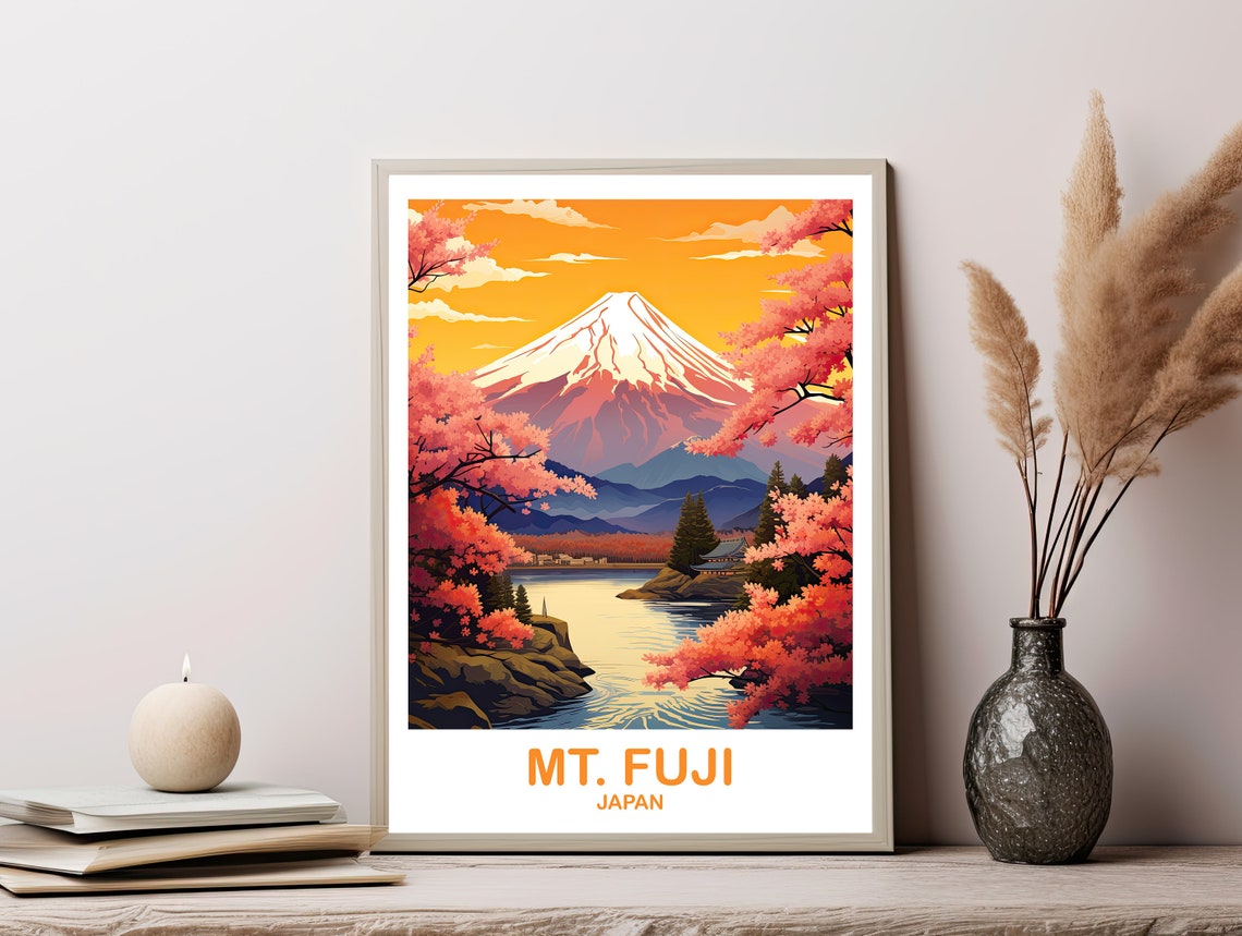 Mount Fuji Golden Sunset Lake Shrine Cherry Blossom Travel Poster - Image 2