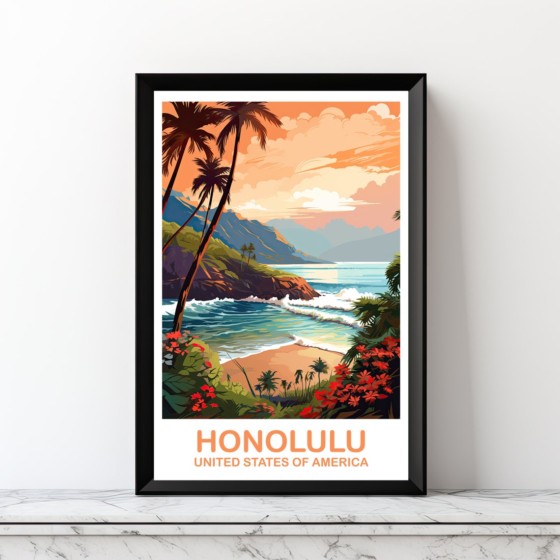 Honolulu Hawaii Sunset Beach Palm Tree Tropical Travel Poster
