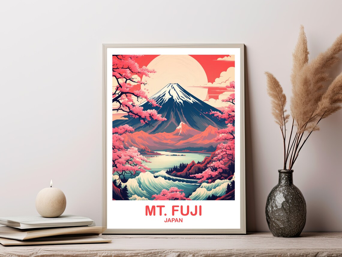 Mount Fuji Giant Red Sun Lake Wave Cherry Blossom Travel Poster - Image 2