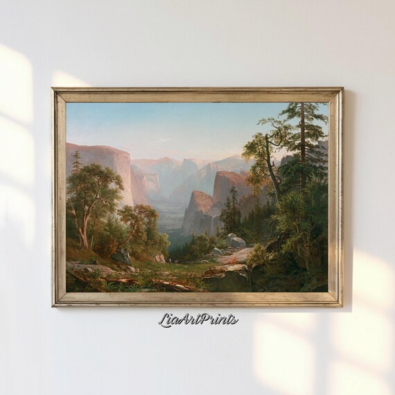 Vintage Valley Landscape Art Print Rustic Nature Wall Decor Framed Artwork Mountain View Scene Artwork