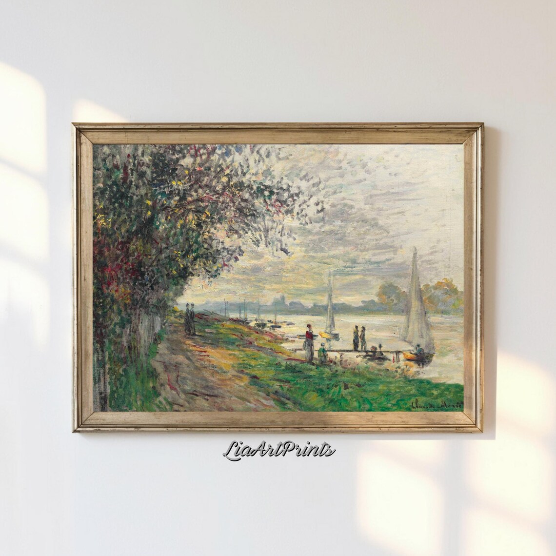 Claude Monet Riverside Sailboats Figures On Shore Impressionist River Poster