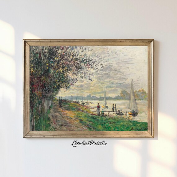 Claude Monet Riverside Sailboats Figures On Shore Impressionist River Poster