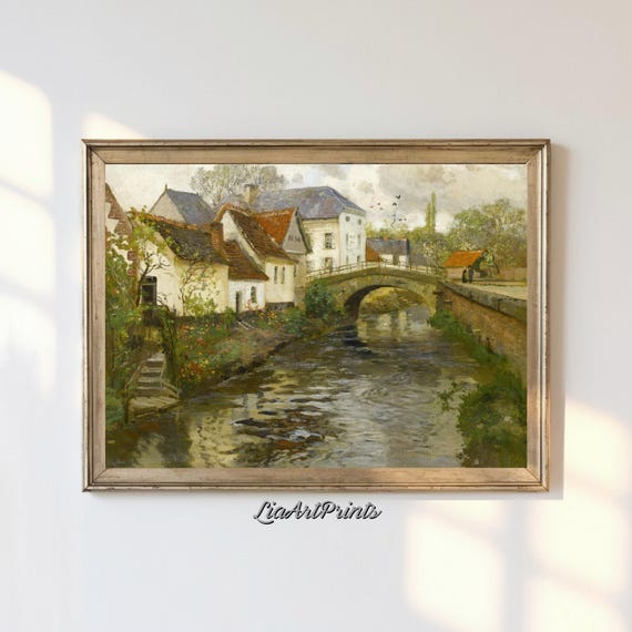 Charming Village Bridge Wall Art Tranquil River Scene With Rustic Homes Vintage Artwork For Home Decor