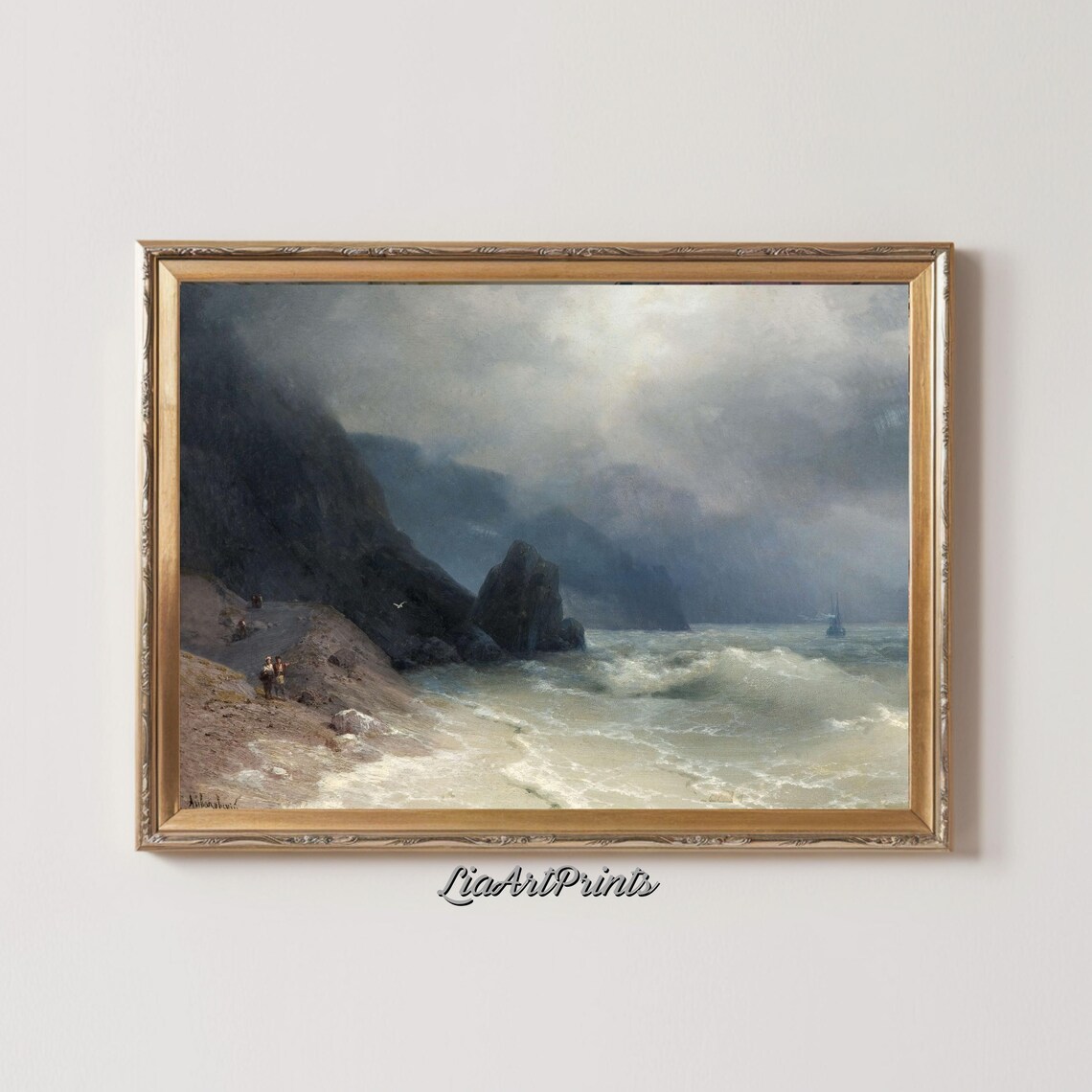 Stormy Coast with Waves and a Tall Ship Vintage Romantic Nautical Print - Image 2