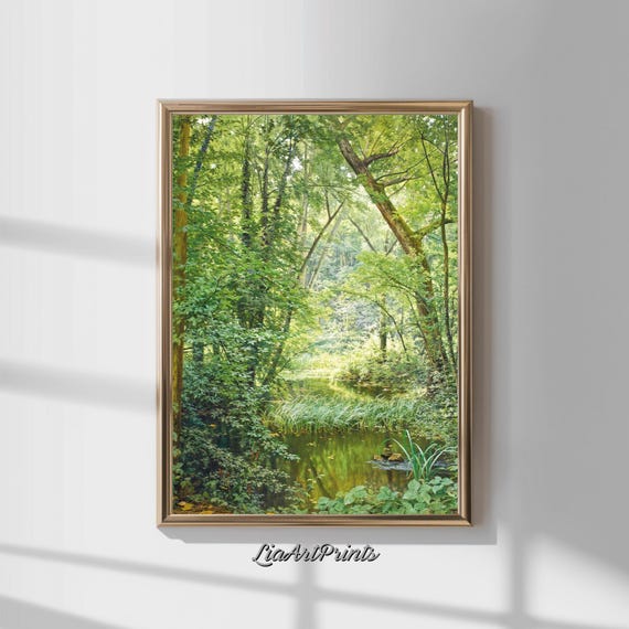 Tranquil Forest Stream Wall Art Lush Green Woodland Print Serene Nature Decor Peaceful Landscape Artwork