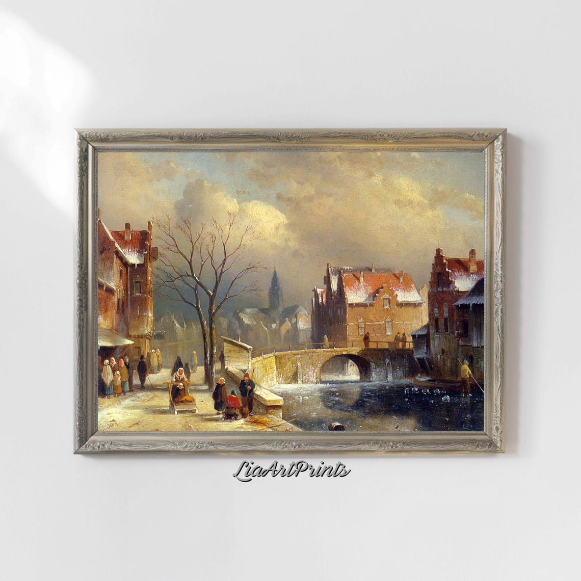 Snowy Winter Village Canal Bridge Charming Old Town Scene Poster - Image 5