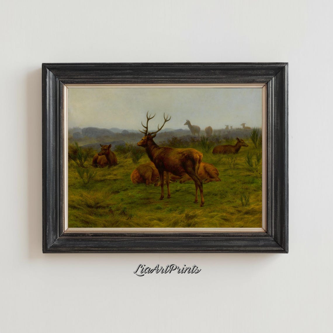 Majestic Stag Deer Herd Meadow Rustic Wildlife Painting Poster - Image 3