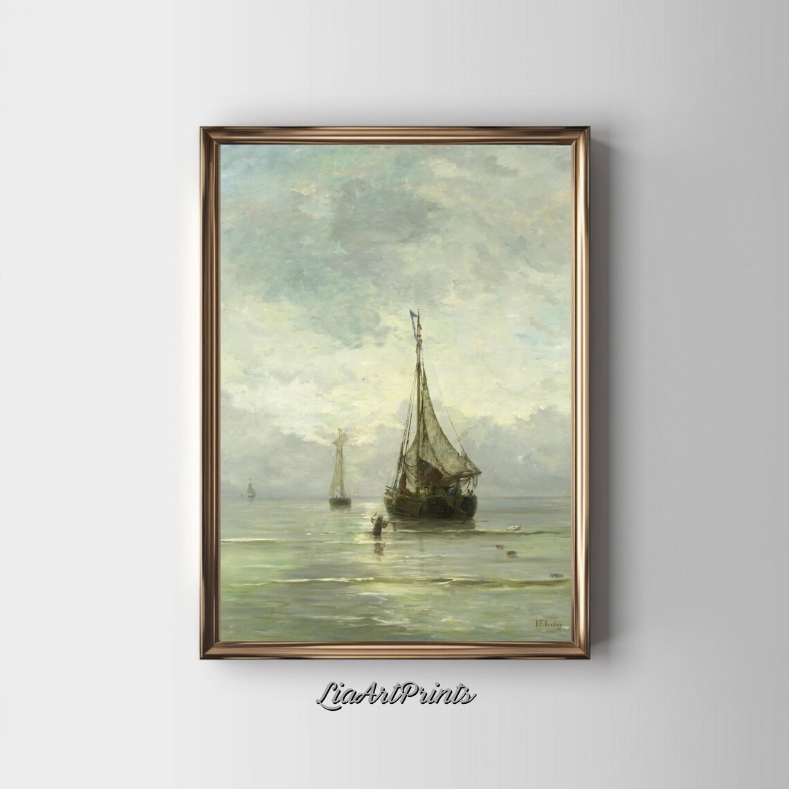 Serene Fishing Boats at Dawn on a Calm Sea Vintage Maritime Oil Print - Image 3