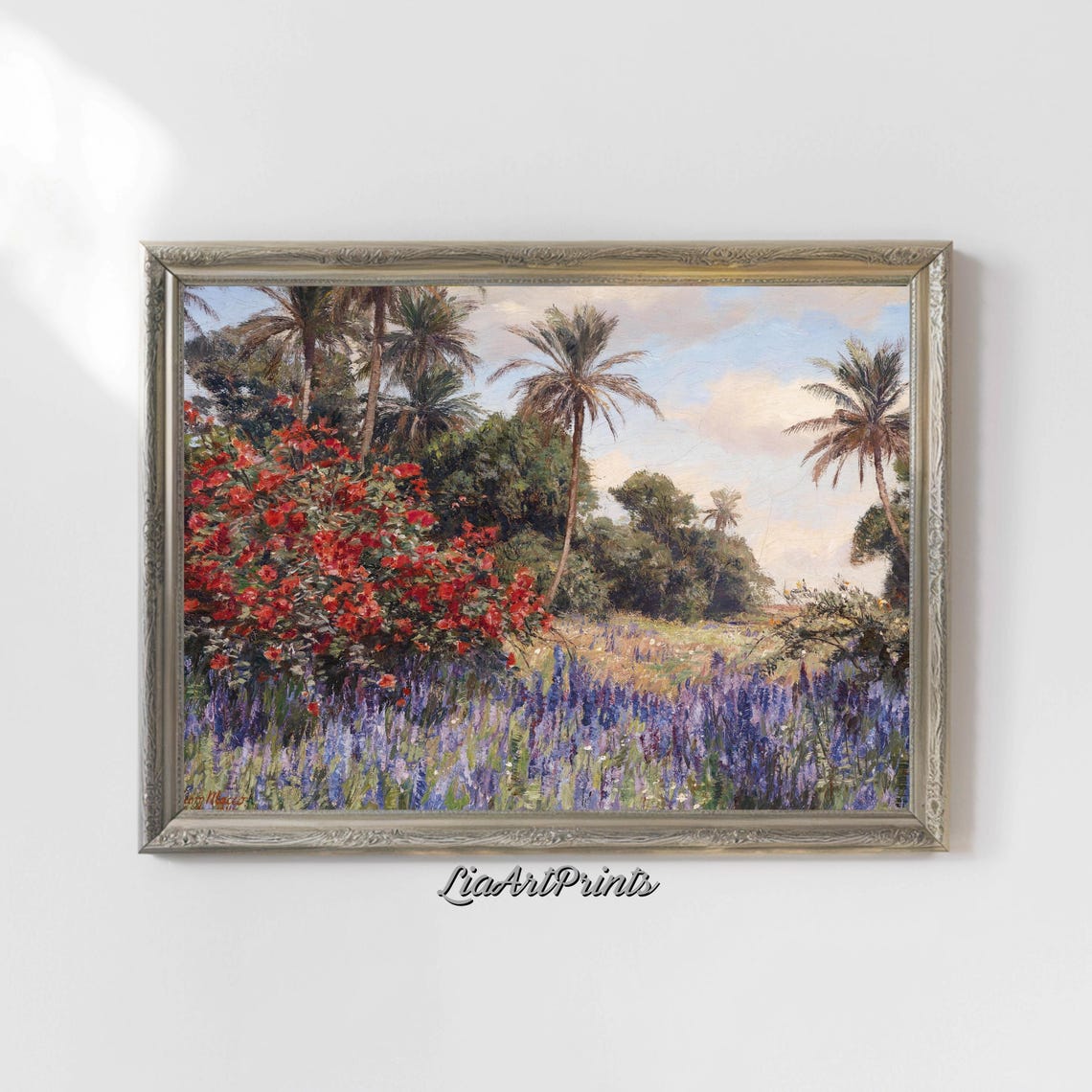 Vibrant Floral Landscape With Palm Trees Exotic Nature Painting Colorful Garden Artwork - Image 5