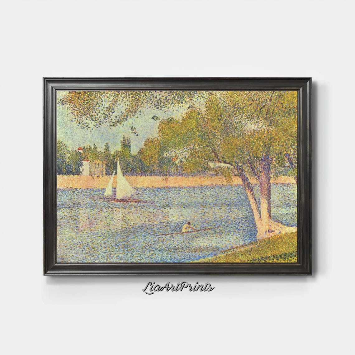 Pointillist River Sailboats Golden Trees Shimmering Water Scene Poster - Image 3