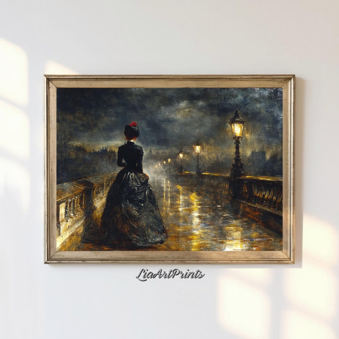 Victorian Lady Rainy Bridge Night Gas Lamps Romantic Gothic Wall Art