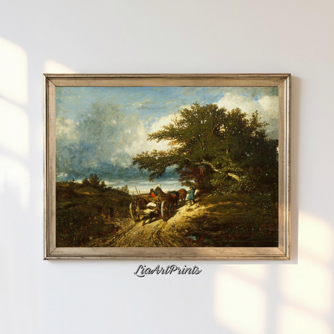 Hay Cart on a Country Road Beneath an Old Oak Vintage Farm Poster