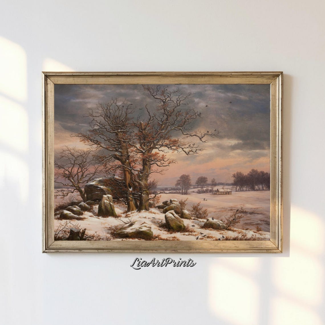 Dramatic Winter Sunset Landscape with Bare Trees and Snow Poster