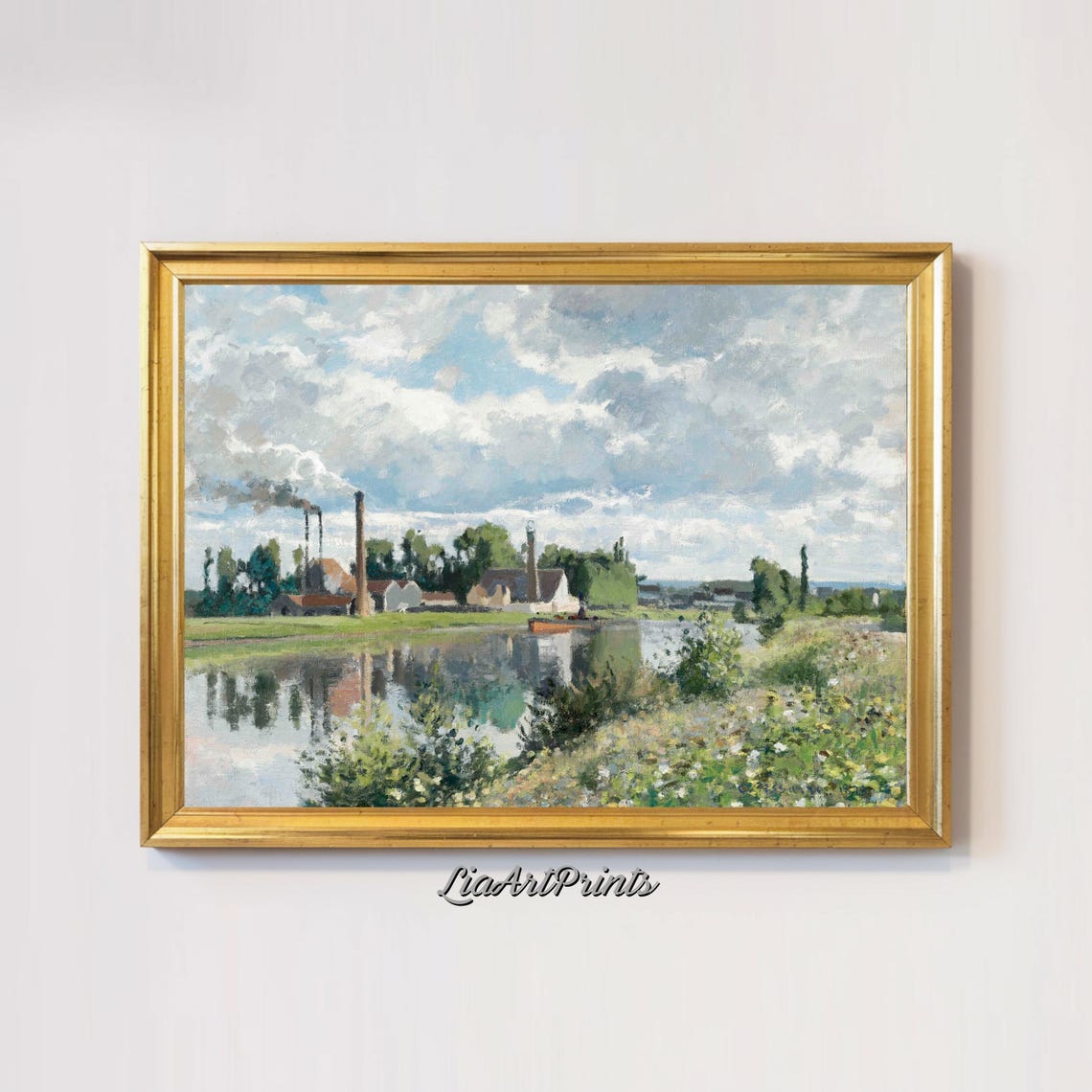 Impressionist River Landscape Factory By The Water Pastoral Industrial Scene Wall Art - Image 3