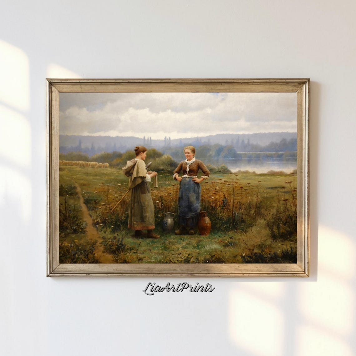 Two Peasant Women In Sunlit Field With Water Jugs Rustic Scene Poster