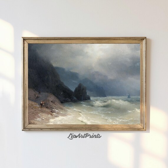 Stormy Coast with Waves and a Tall Ship Vintage Romantic Nautical Print