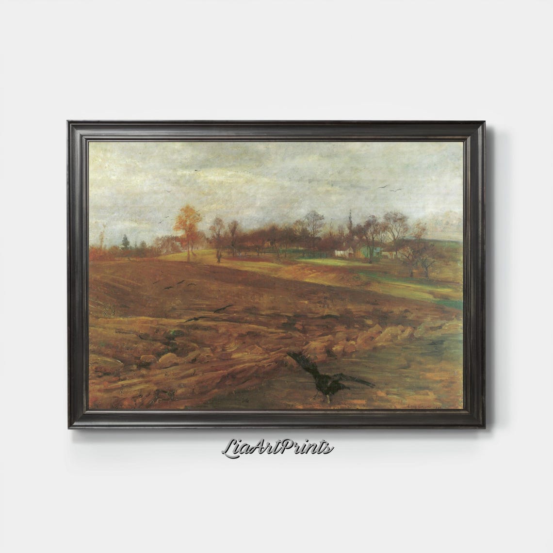 Autumn Plowed Field Birds Antique Muted Countryside Landscape Poster - Image 3