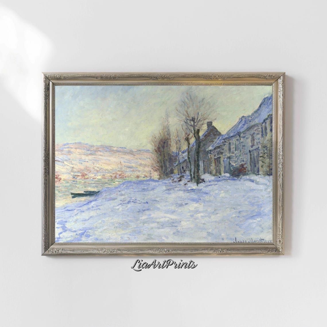 Monet Inspired Winter Village Scene Impressionist Snow Landscape Serene Wall Art Cozy Winter Decor - Image 4