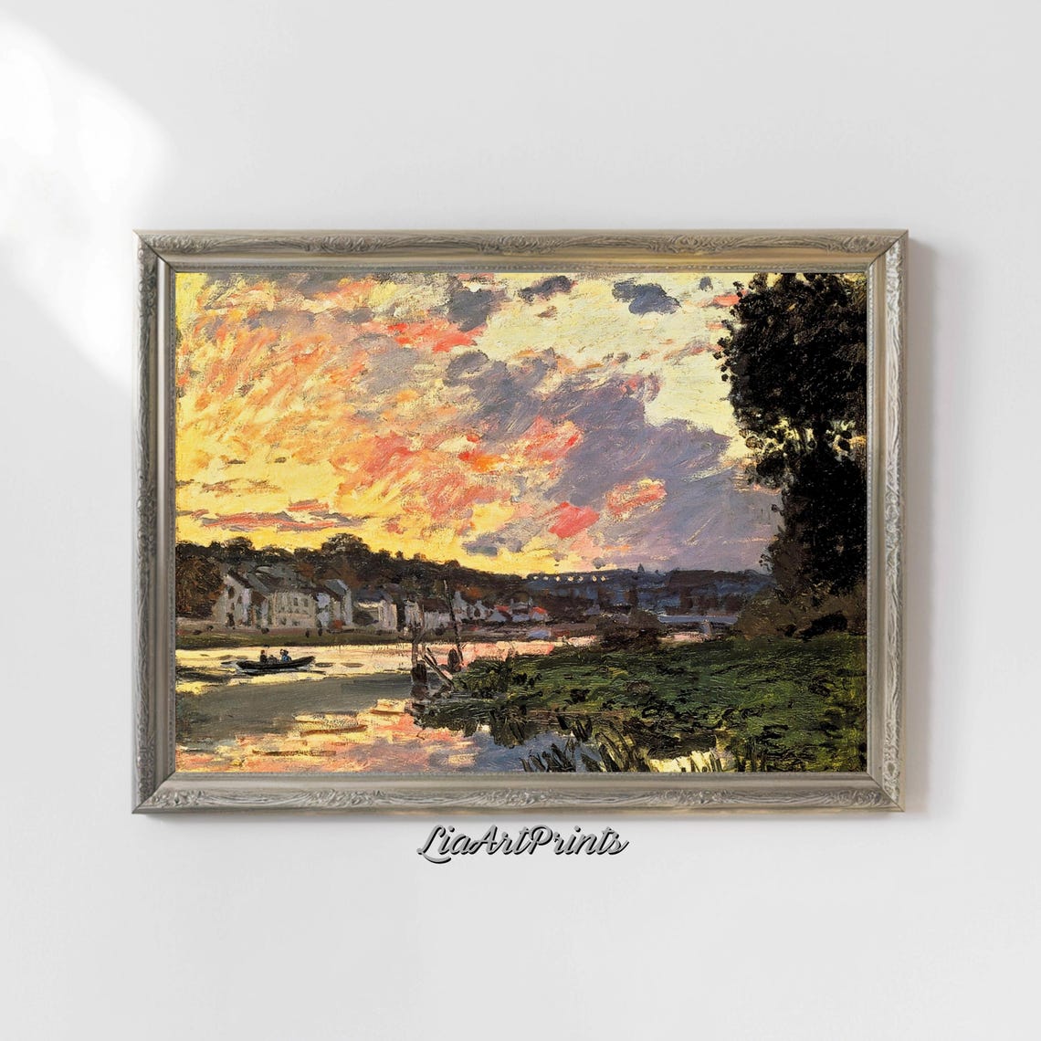 Fiery Sunset River Boats Impressionist Golden Sky Landscape Poster - Image 4