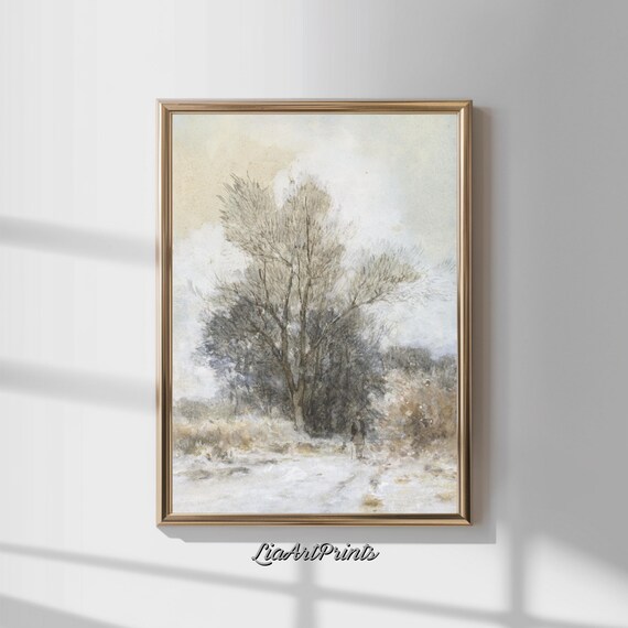 Winter Bare Tree in Snowy Landscape Watercolor Vintage Nature Poster