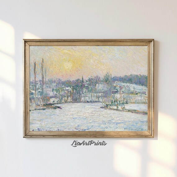 Winter Sunrise Frozen Pond Frosty Trees Impressionist Snow Landscape Poster