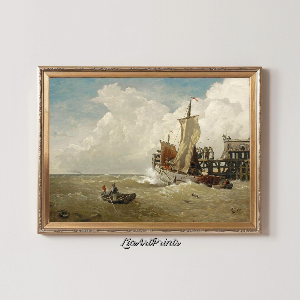 Sailing Boat Battling Stormy Waves Near a Wooden Pier Vintage Nautical Print - Image 3