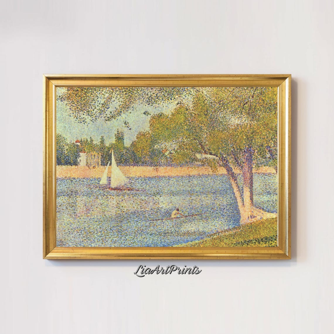Pointillist River Scene Impressionist Boating Landscape Vibrant Fine Art Print Nature Inspired Wall Dcor - Image 2