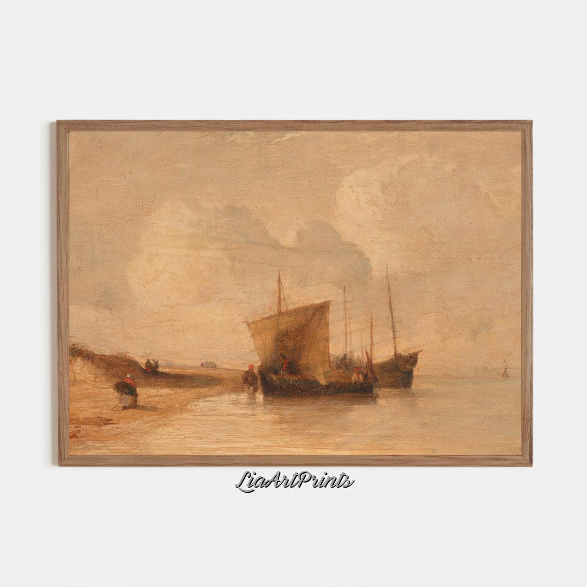 Golden Coastal Scene Beached Sailboat with Figures Warm Vintage Poster - Image 3