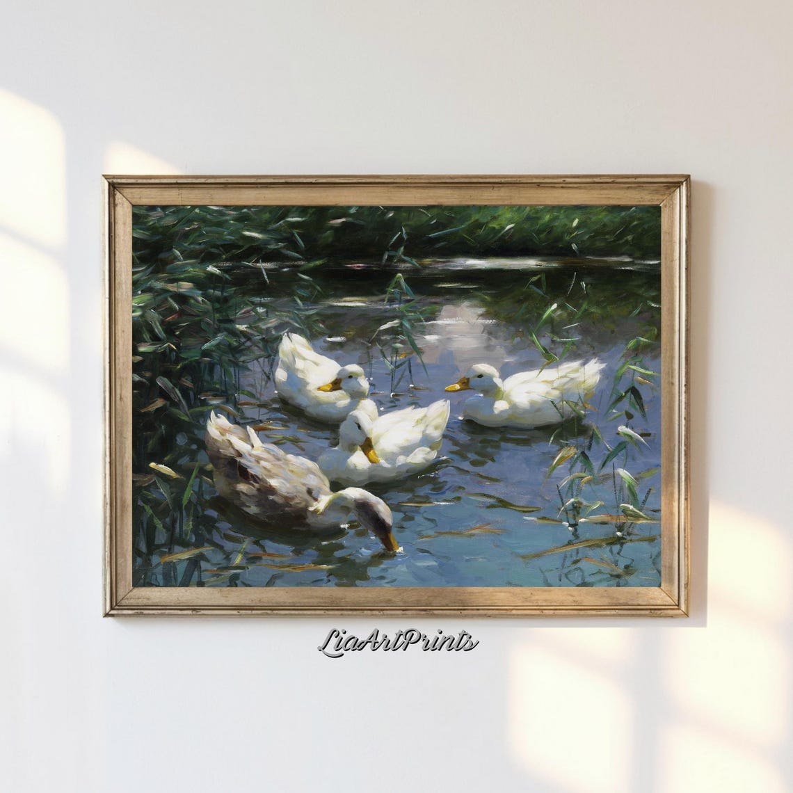 White Ducks on Pond Vintage Oil Painting with Reeds and Water Poster