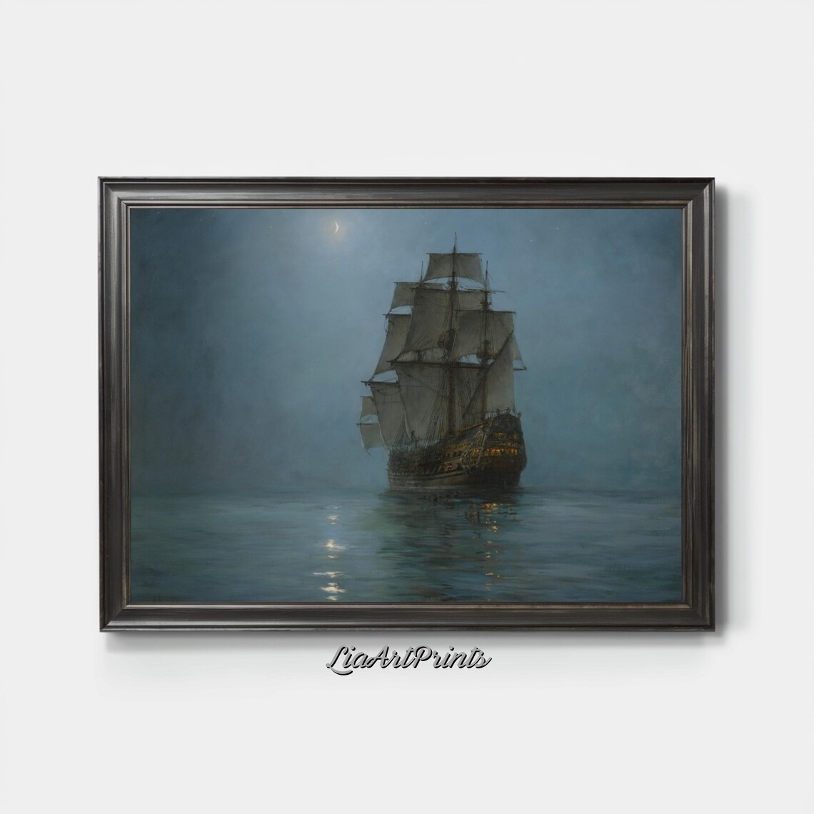 Majestic Ship Under Moonlight, Nautical Art Print - Image 3