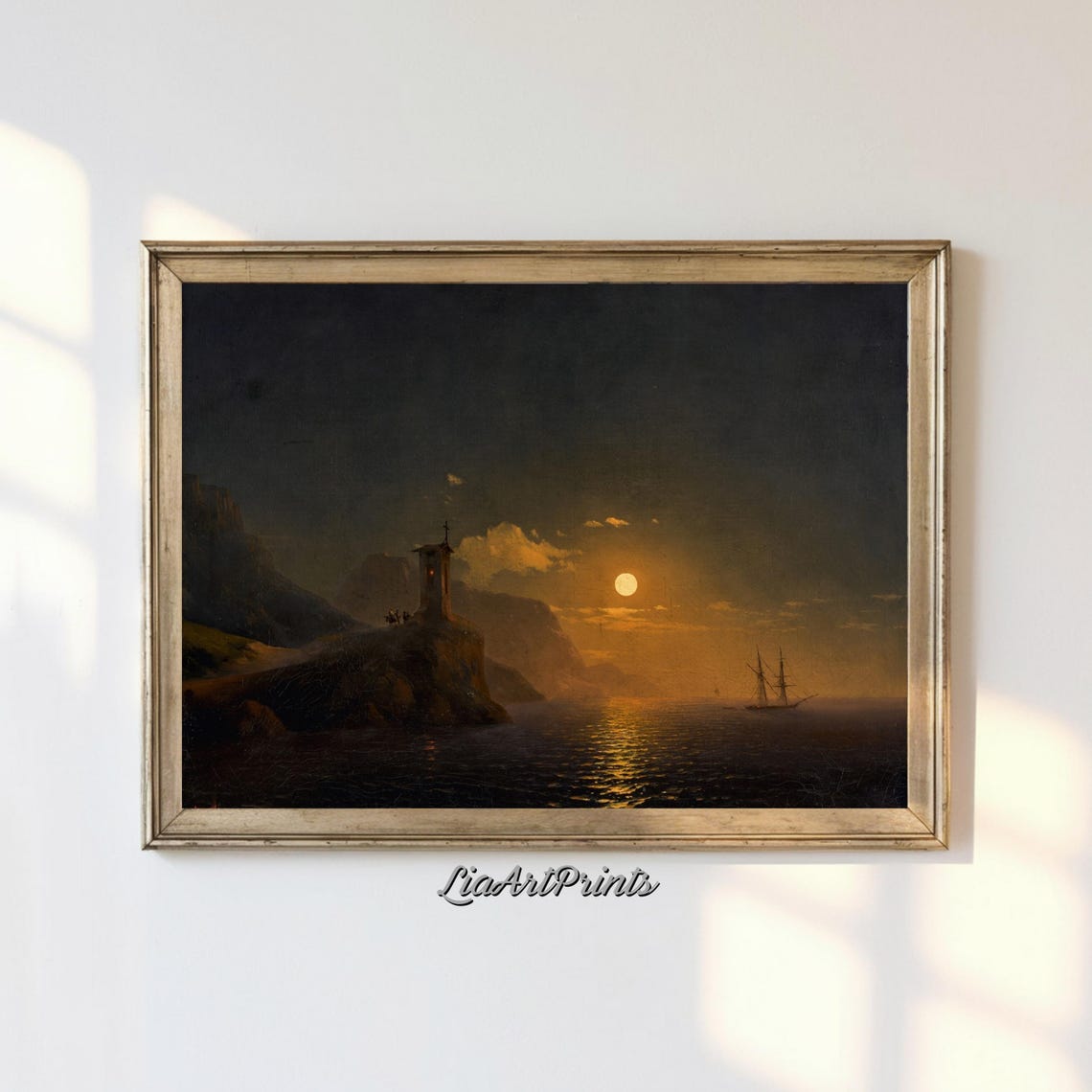 Moonlit Seascape Lighthouse Tower Sailing Ship Night Ocean Poster