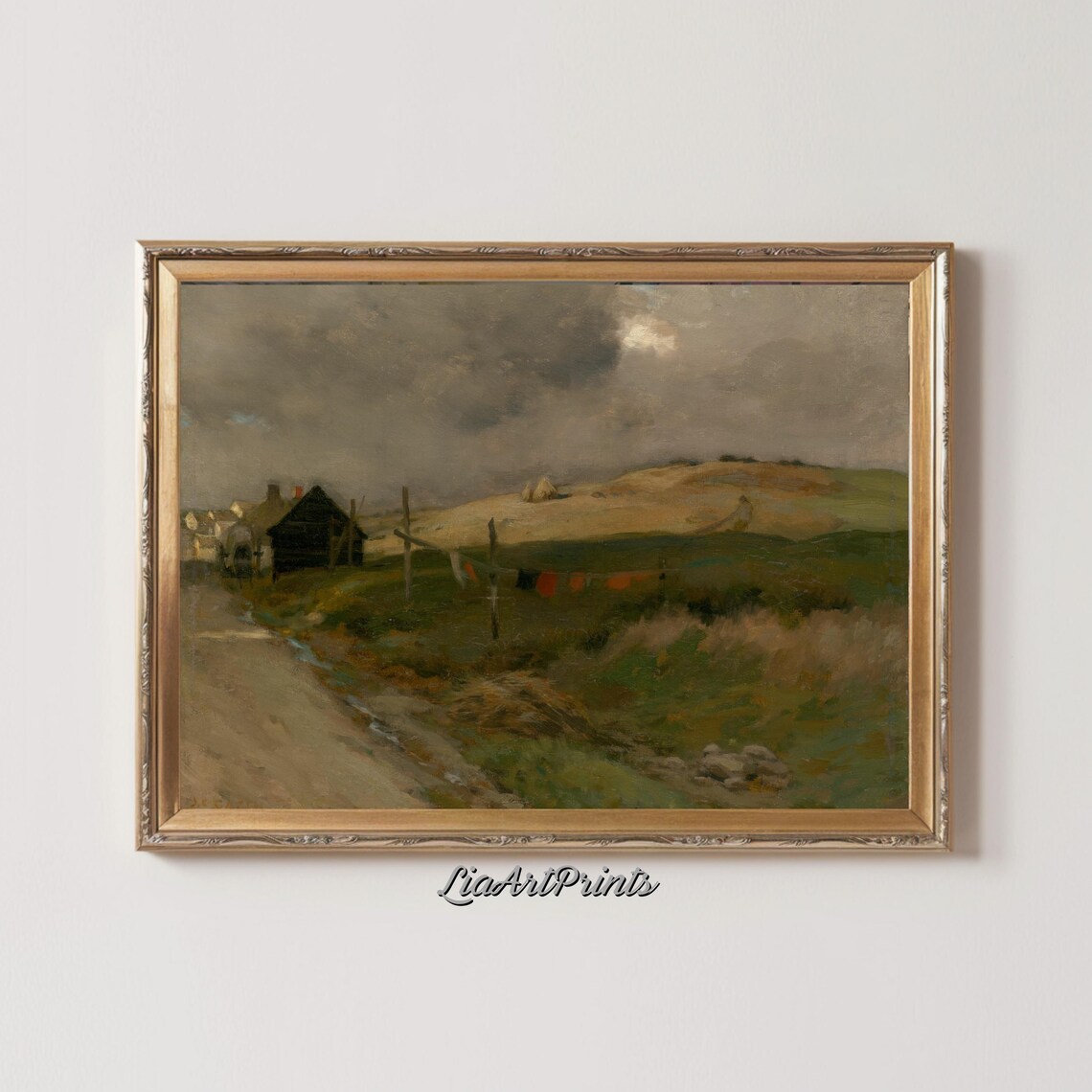 Moody Country Road Cottage Antique Muted Stormy Sky Landscape Poster - Image 3