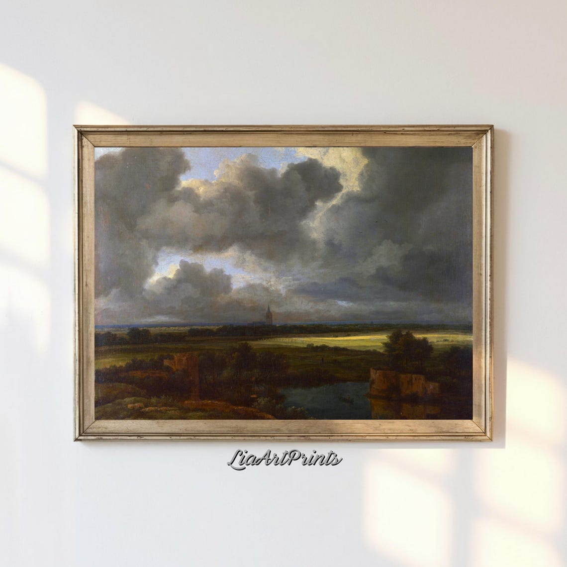Stormy Cloud Sky Over Lowland Fields Church Spire Moody Art Poster