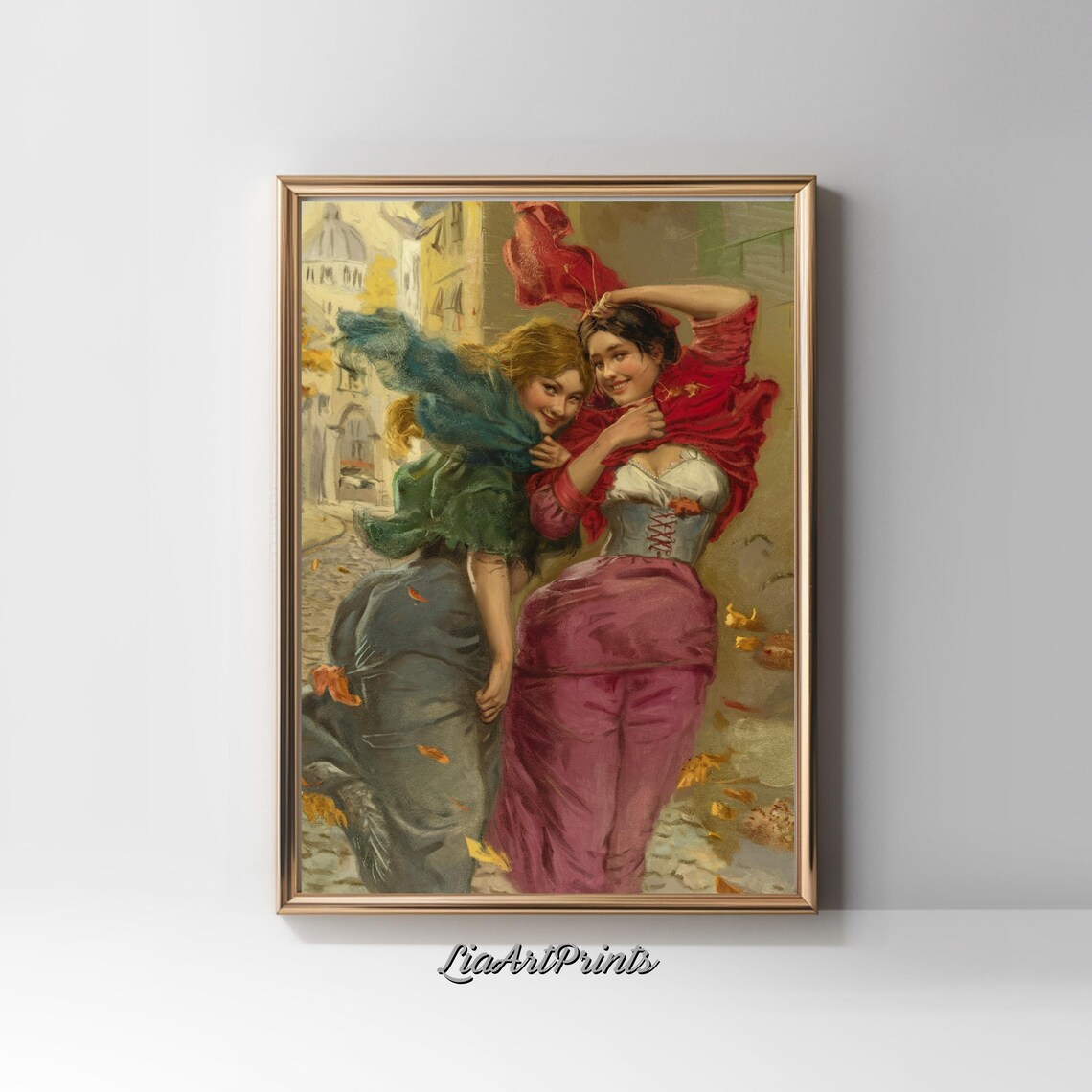 Two Women on a Windy Paris Street Autumn Day Vintage Painting Poster - Image 2