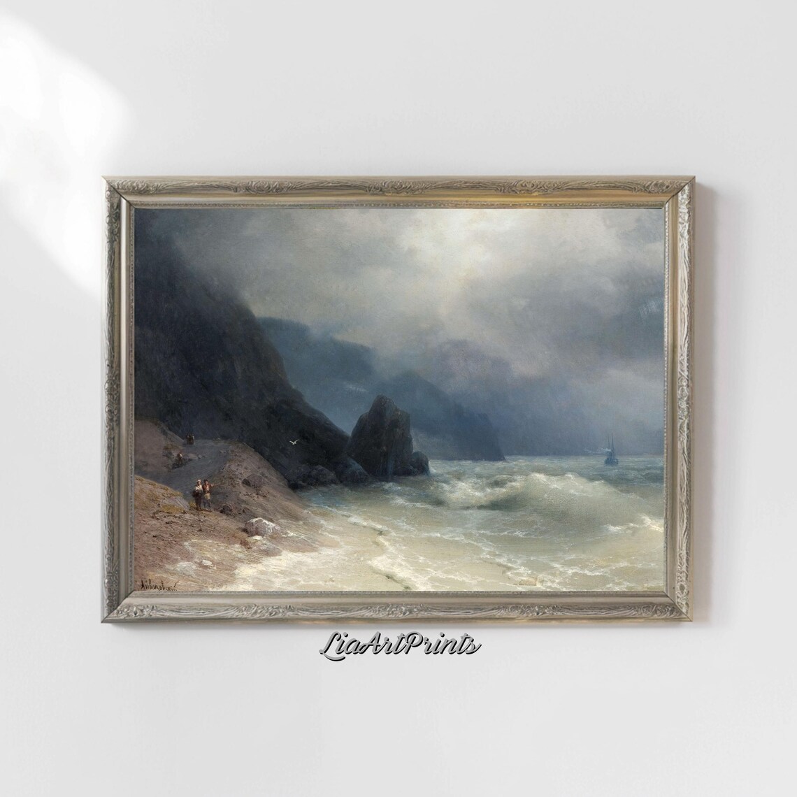 Stormy Coast with Waves and a Tall Ship Vintage Romantic Nautical Print - Image 5