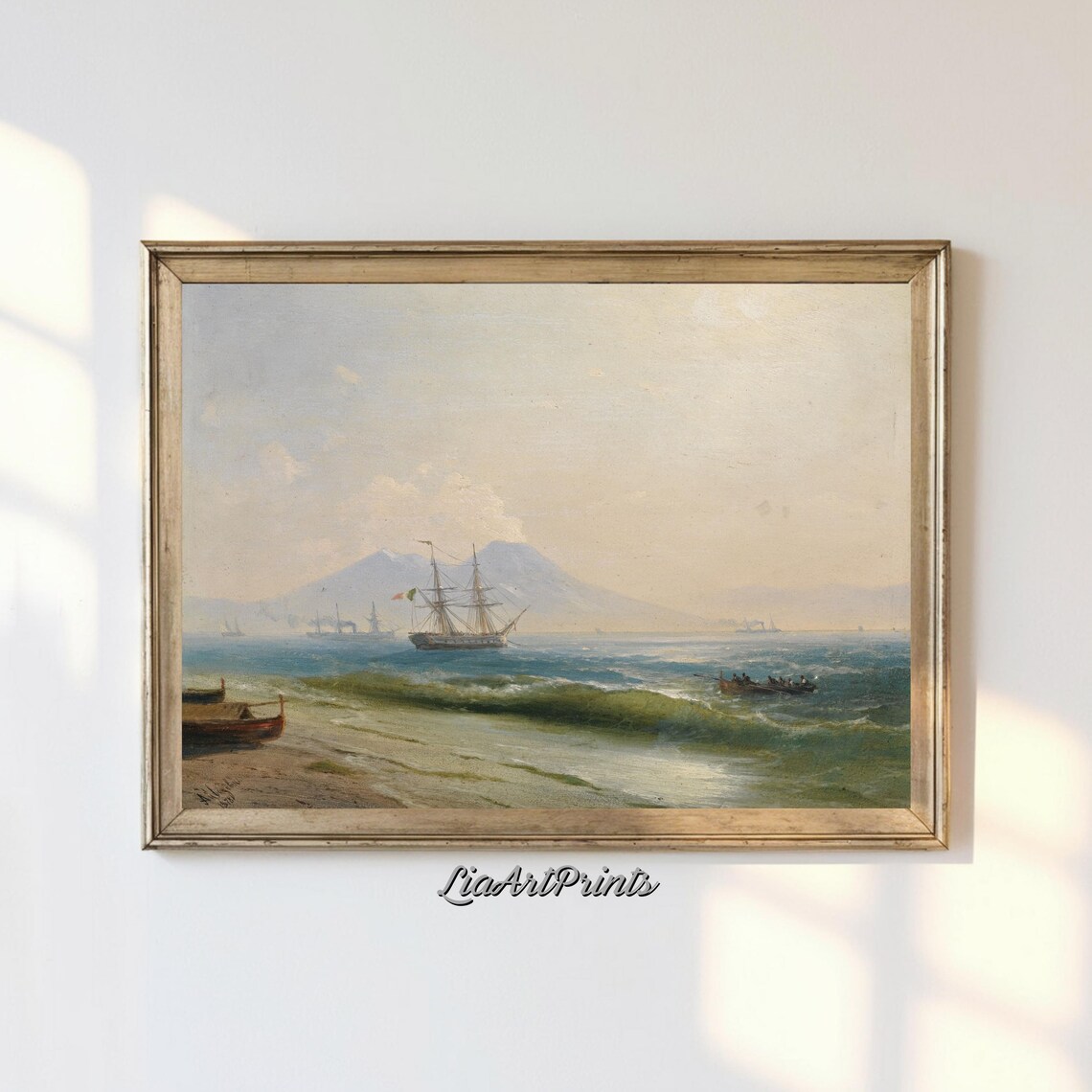 Coastal Bay with a Tall Ship and Distant Volcano Vintage Nautical Print