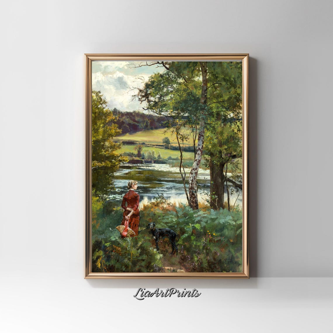 Serene Riverside Walk with a Woman and Her Dog Vintage Lakeside Print - Image 2