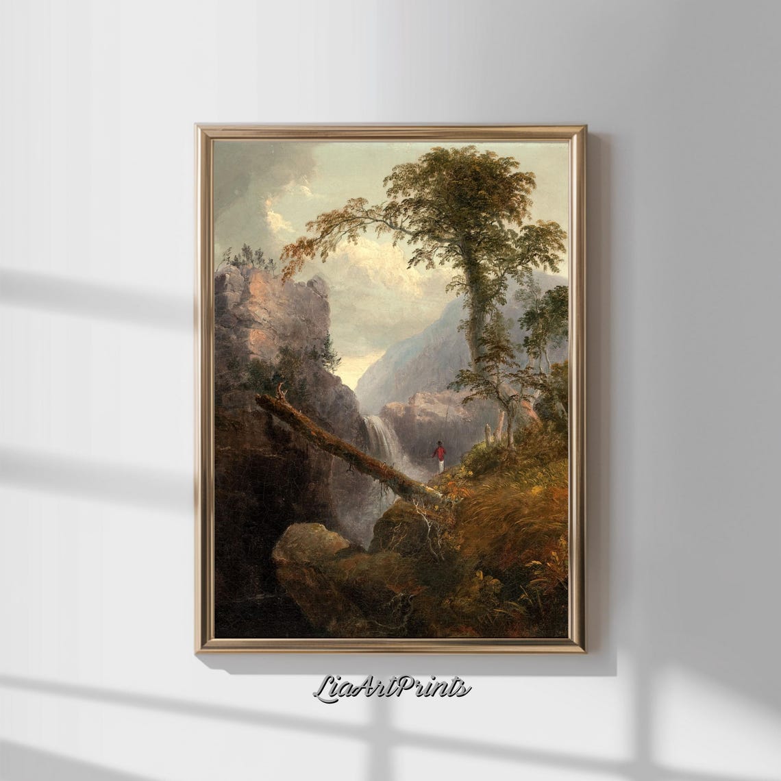 Majestic Waterfall Landscape Wall Art Vintage Wilderness Scene Print Rustic Nature Decor