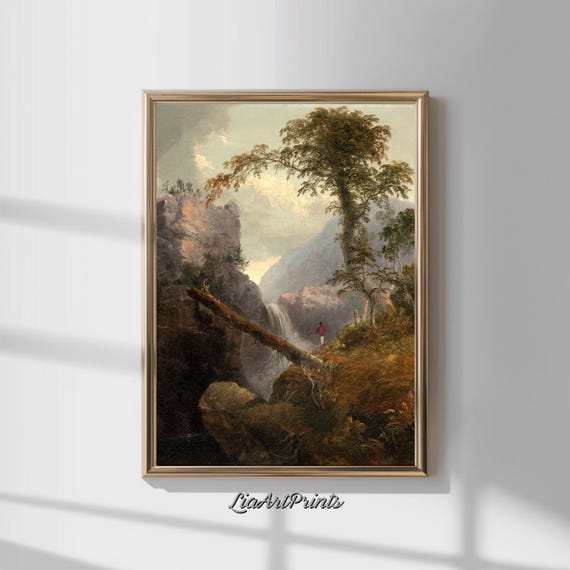 Majestic Waterfall Landscape Wall Art Vintage Wilderness Scene Print Rustic Nature Decor