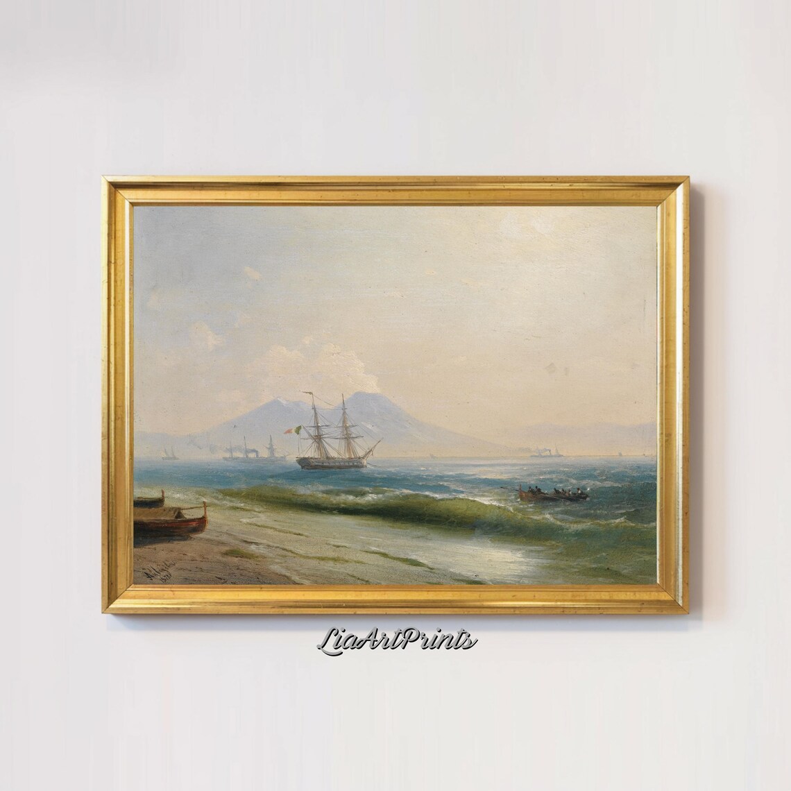 Coastal Bay with a Tall Ship and Distant Volcano Vintage Nautical Print - Image 3