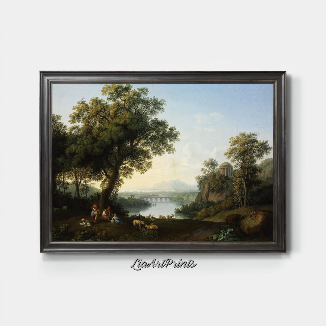 Italianate Pastoral River Landscape with Shepherds and Temple Poster - Image 3