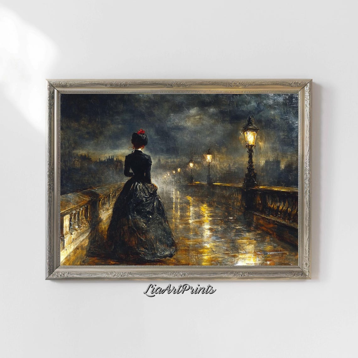 Victorian Lady Rainy Bridge Night Gas Lamps Romantic Gothic Wall Art - Image 4