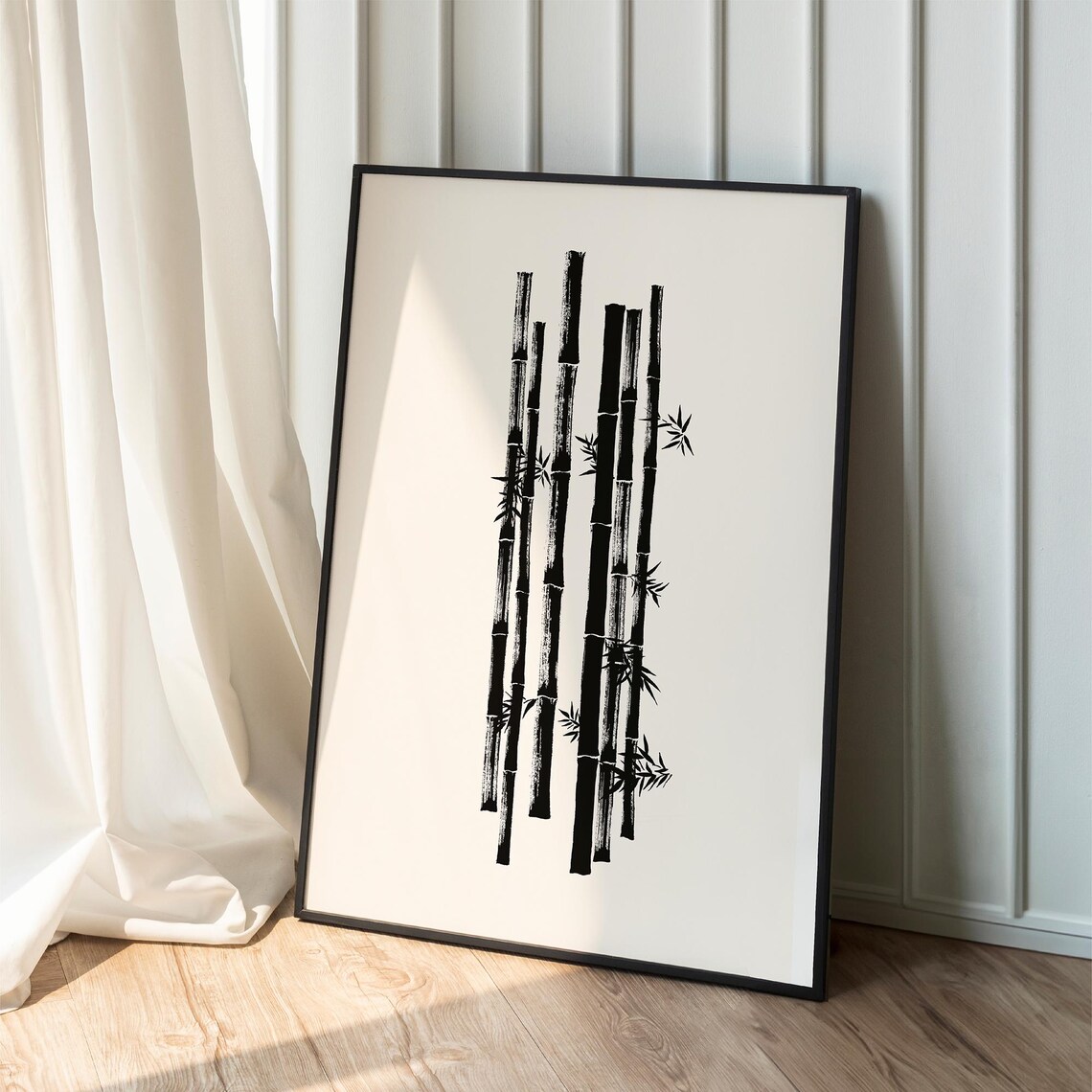 Black Ink Bamboo Stems Japandi Wabi Sabi Minimalist Art Poster