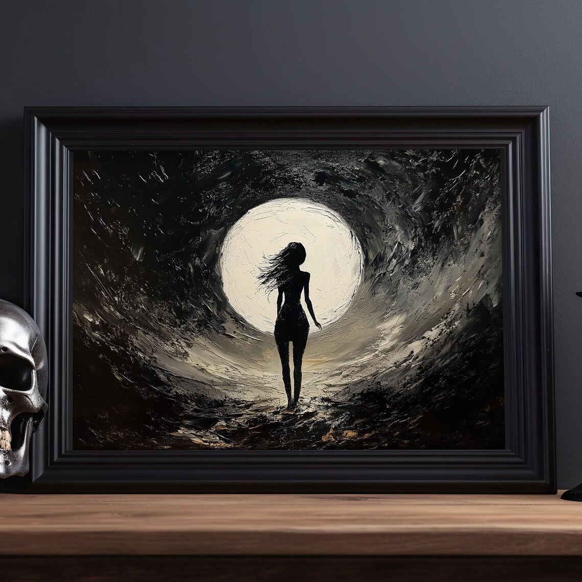 Woman Silhouette Full Moon Dark Forest Gothic Halloween Moody Art Poster