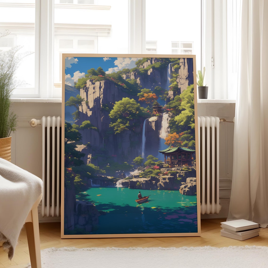 Anime Cliffside Waterfall Pavilion Turquoise Lake Boat Poster