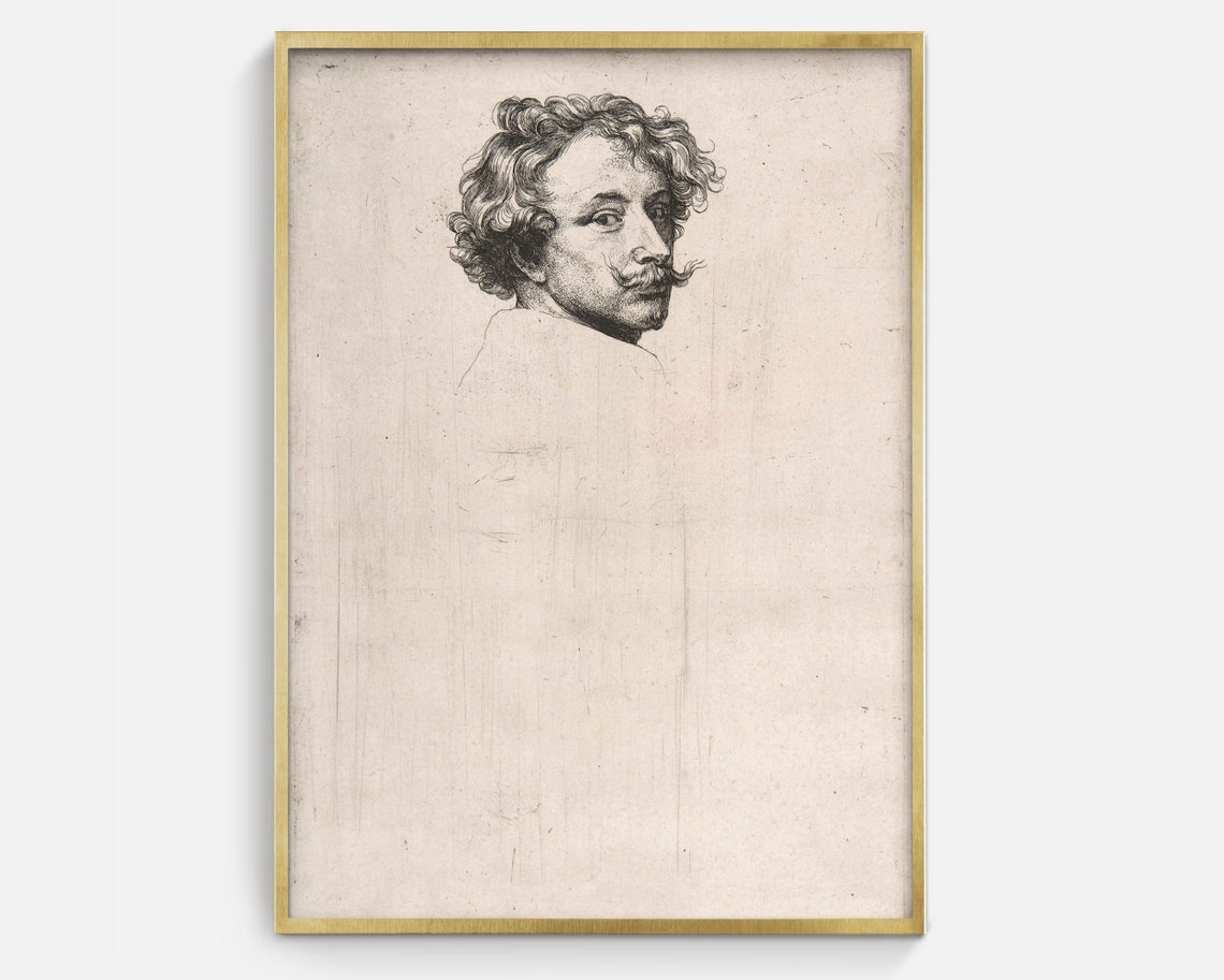 Curly Haired Man Mustache Vintage Engraving Portrait Sketch Art Poster