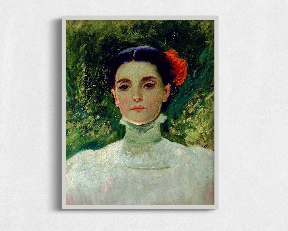 Young Woman Red Flower In Hair White Blouse Garden Portrait Art Poster