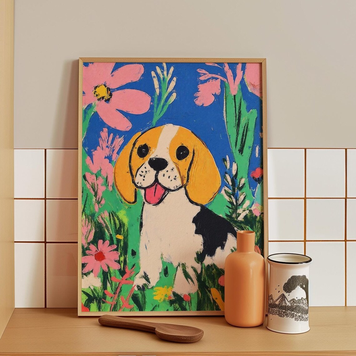 Happy Beagle Puppy Sitting In A Field Of Pink Flowers Poster