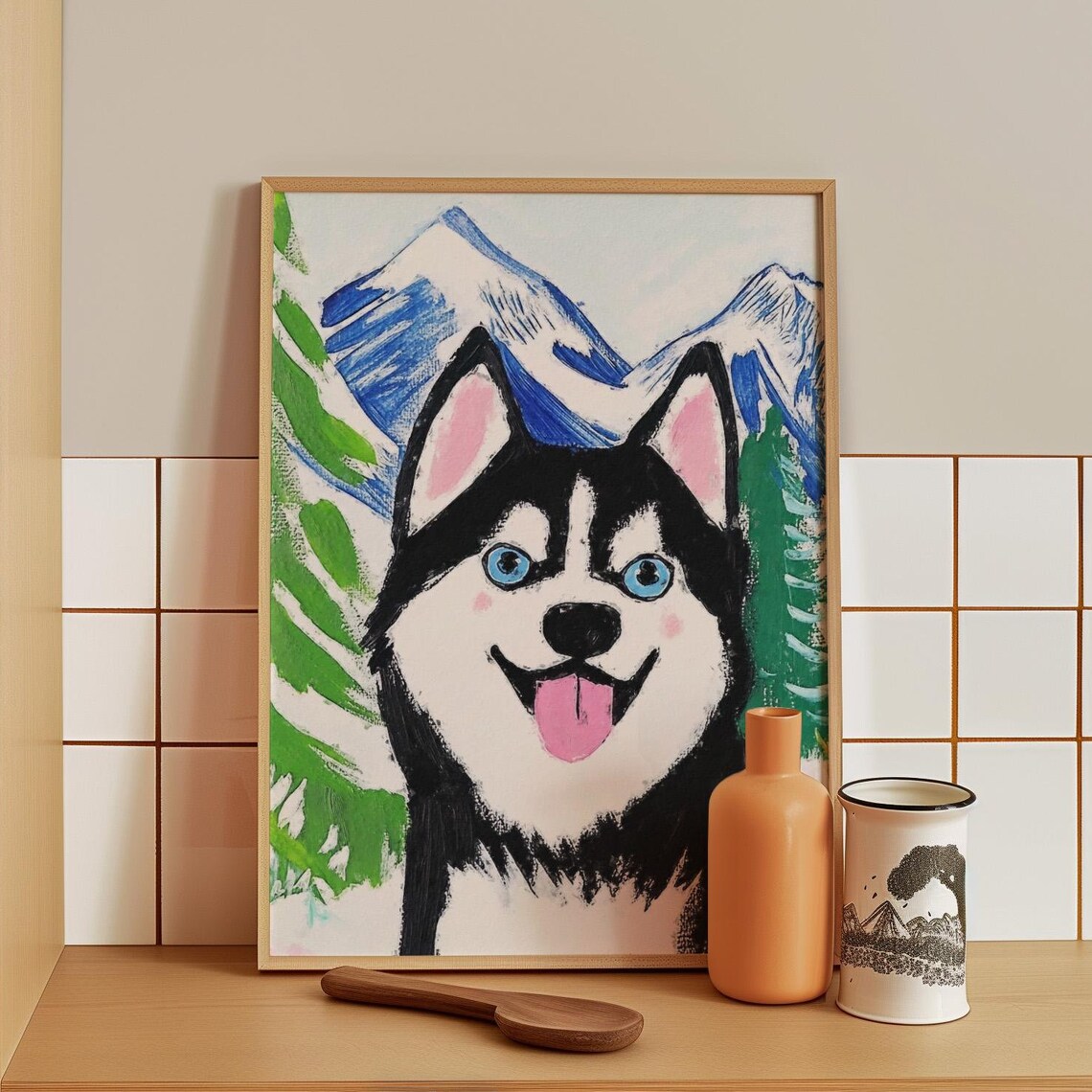Smiling Siberian Husky With Blue Eyes In Snowy Mountains Poster