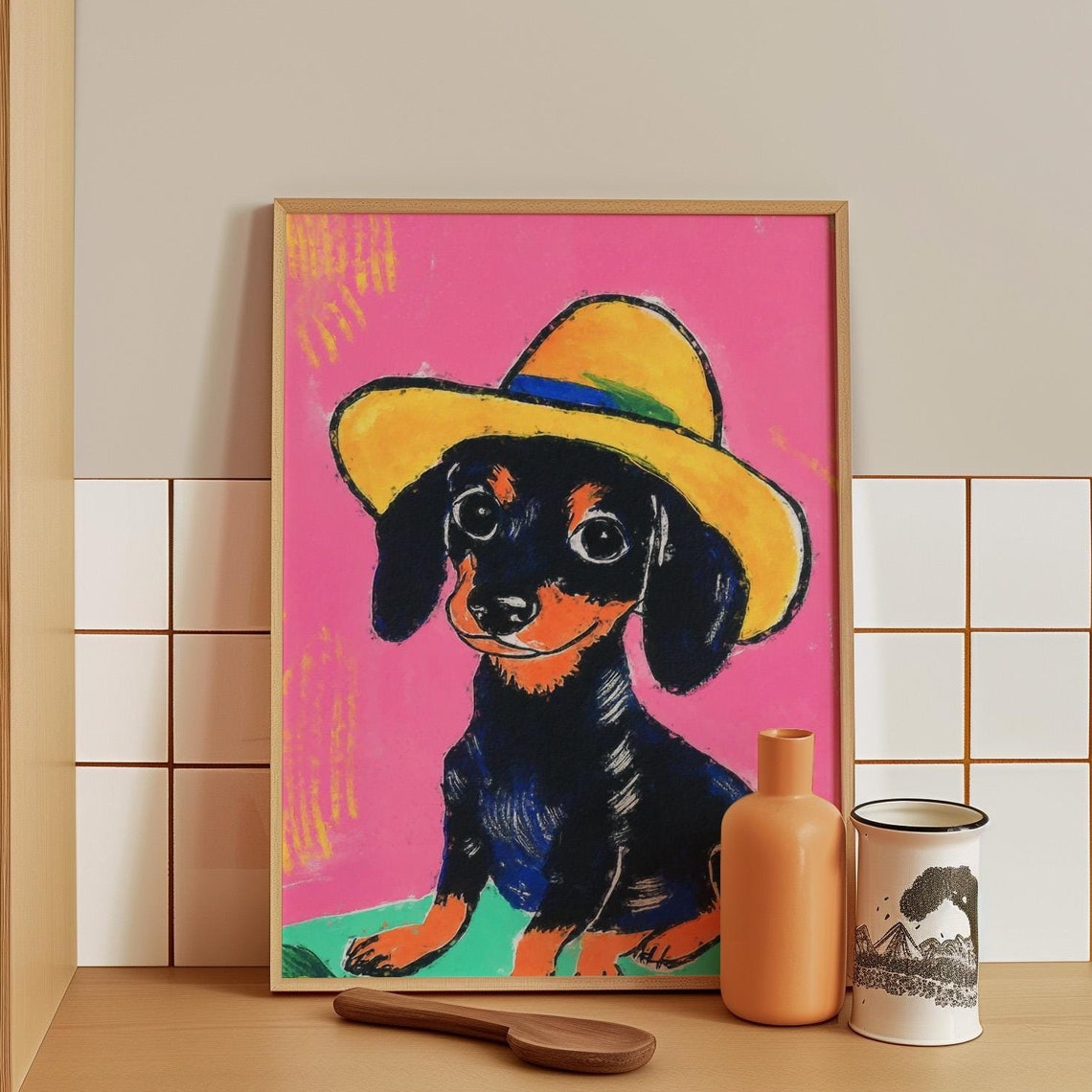 Black And Tan Dachshund Puppy Wearing A Yellow Sun Hat Poster